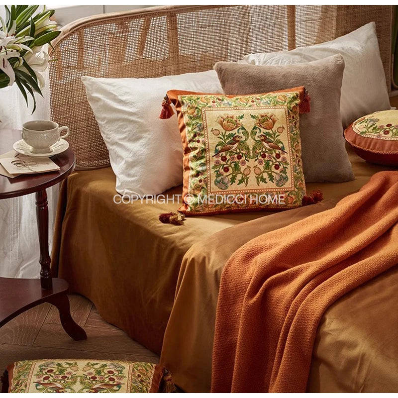 DecorBites™ Gobelin Tapestry Style Reversible Cushion Cover with Tassels and Retro Birds Floral Decor