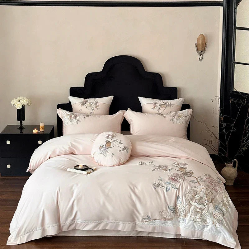 DecorBites™ 5-Piece Chinese Flowers Bird Embroidery Bedding Set, 1000TC Egyptian Cotton, Queen King