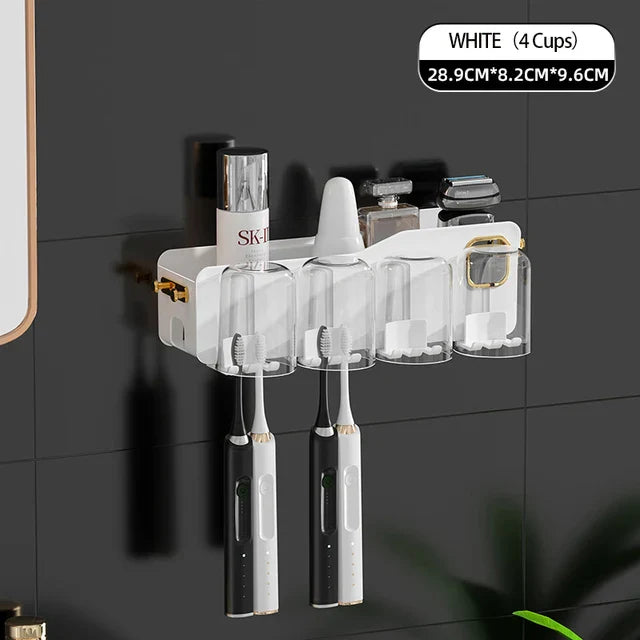DecorBites™ Support de Brosse à Dents Inversé avec Distributeur de Dentifrice Automatique et Rangement de Maquillage