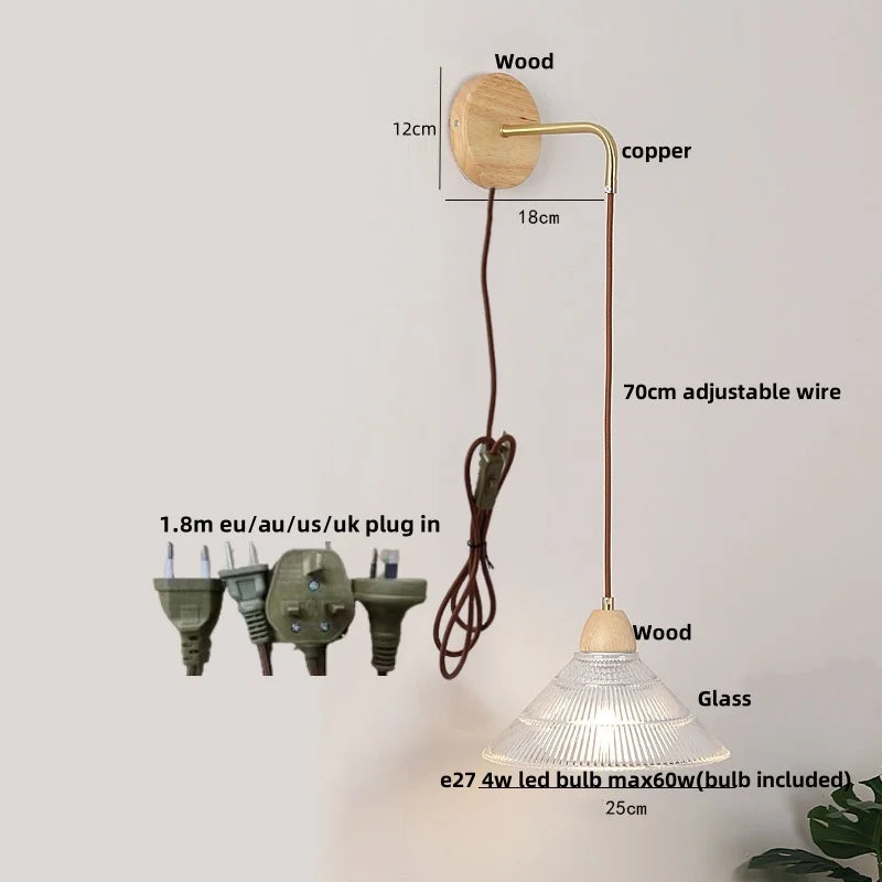 DecorBites™ Clear Glass LED Wall Lights with Wood Pull Chain Switch, Modern Art Bedside Lamp