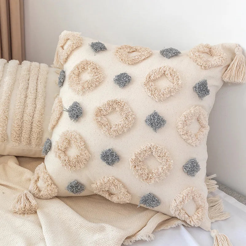 DecorBites™ Geometric Tufted Tassel Pillow Cover - Handcrafted Boho Chic Cushion Cover