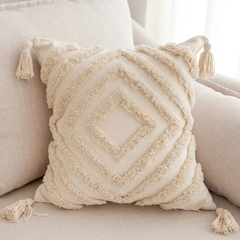 DecorBites™ Geometric Tufted Tassel Pillowcases Cotton Linen Handmade Fringed Throw Pillow Covers