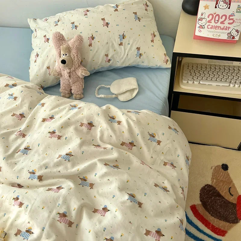 DecorBites™ Cute Cartoon Washed Cotton 4-Piece Bedding Set for Spring Soft Skin-Friendly Sheets