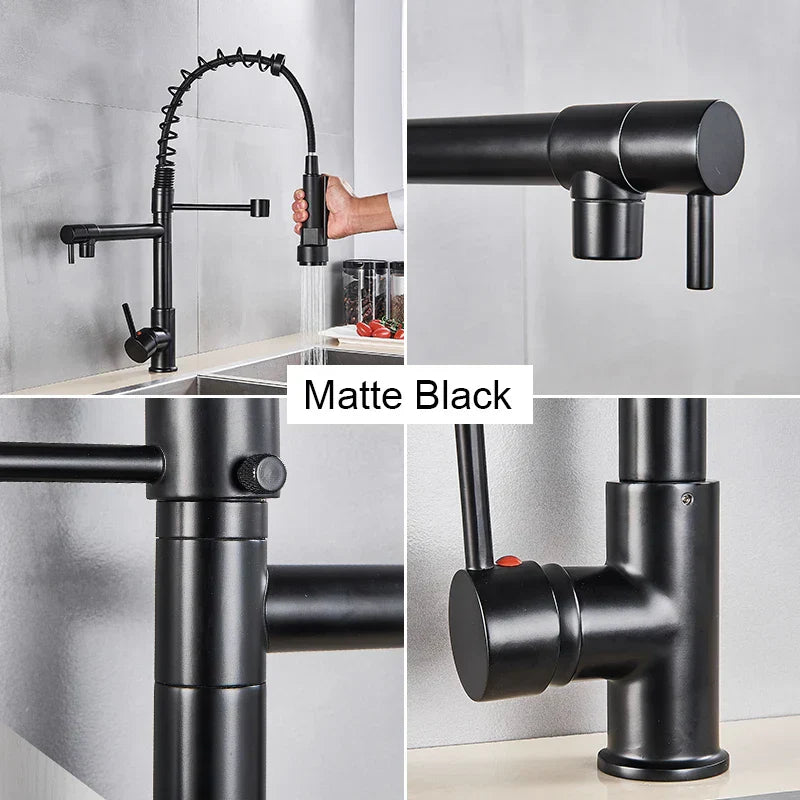 DecorBites™ Black Brass Kitchen Faucet with Dual Spout, 360 Rotation, Deck Mounted