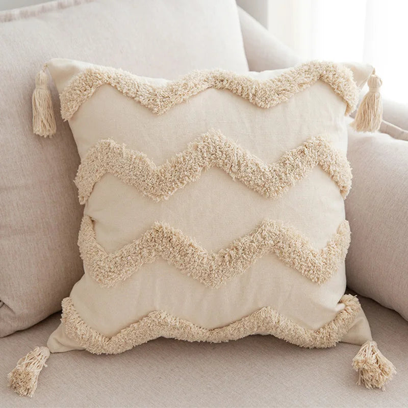 DecorBites™ Geometric Tufted Tassel Pillowcases Cotton Linen Handmade Fringed Throw Pillow Covers