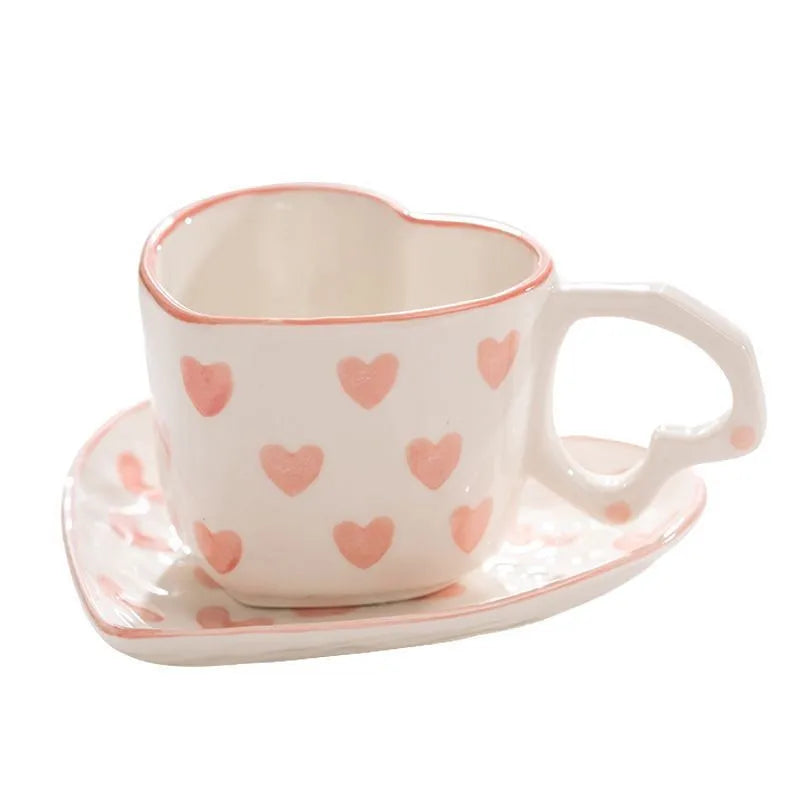 DecorBites™ 250ml Coffee Cup and Saucer Set with Heart Handle Hand-painted Pink Hearts