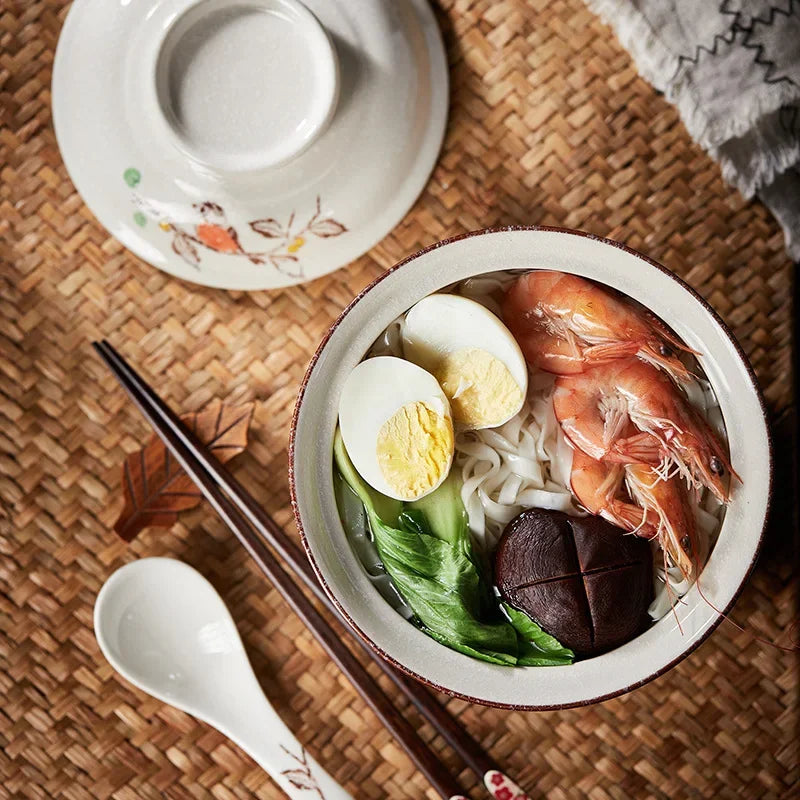 DecorBites™ Japanese Style Ramen Bowl with Lid | Ceramic Noodle Bowl for Soup, Rice, Porridge