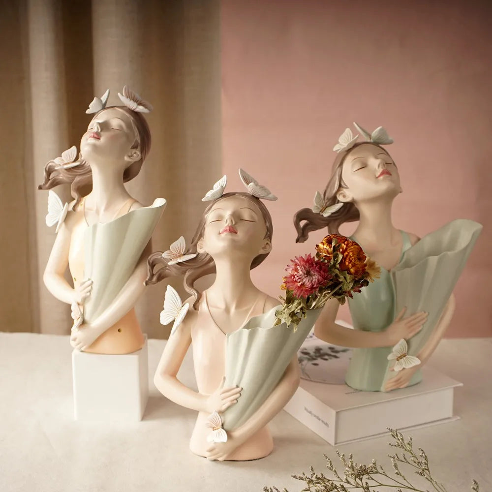 DecorBites™ 30cm Pink Butterfly Girl Vase Statue Modern Home Decor Resin Figurines