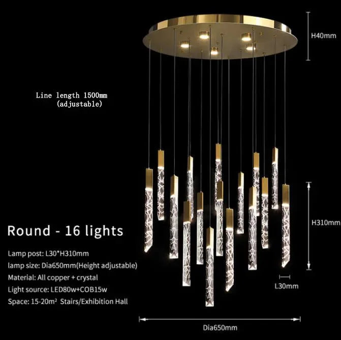 DecorBites™ ثريا ذهبية كريستال LED لغرفة المعيشة الحديثة في الدور العلوي/السلالم