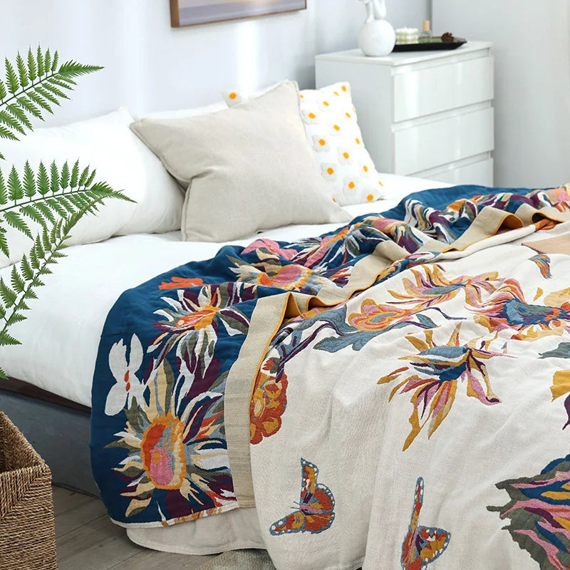 DecorBites™ Cotton Summer Blanket & Pillow Set - Birds & Flowers Design