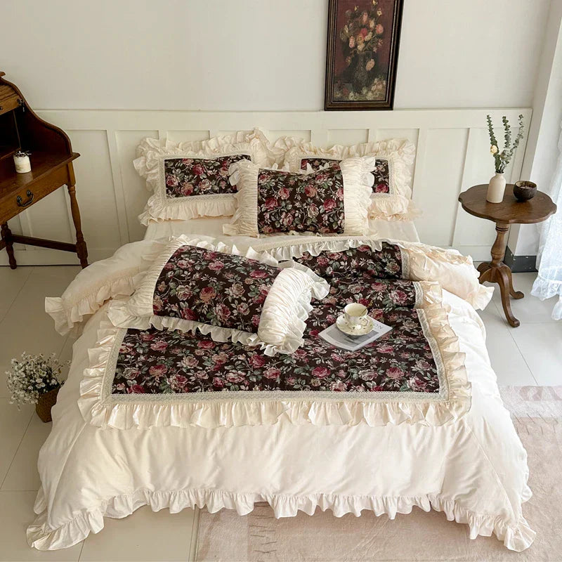 DecorBites™ French Rose Flowers Pattern Bedding Set, 100% Cotton, Ruffles, Duvet Cover, Bed Skirt