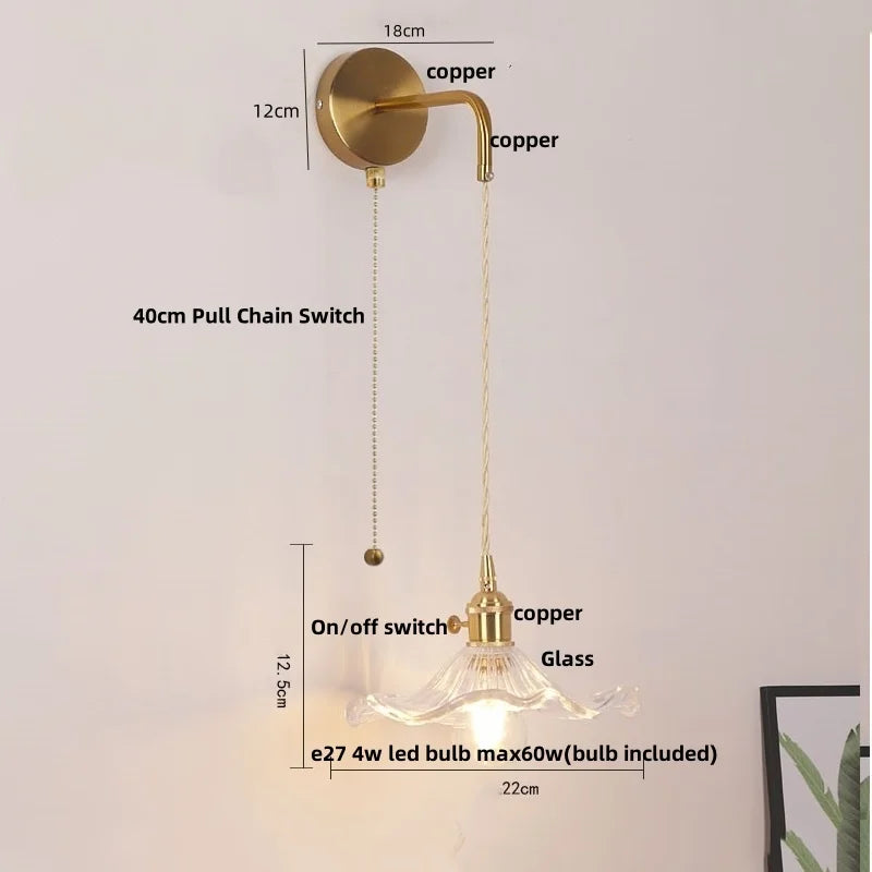 مصابيح جدارية نحاسية زجاجية DecorBites™ LED | مفتاح بسلسلة سحب | مصباح حمام قابل للتعديل