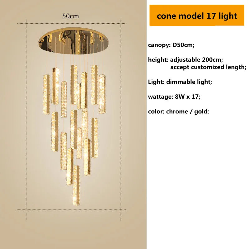 أضواء معلقة من الكريستال من الستيل المطلي بالكروم الذهبي من DecorBites™ مزودة بإضاءة LED قابلة للتعتيم لدرج الفيلا