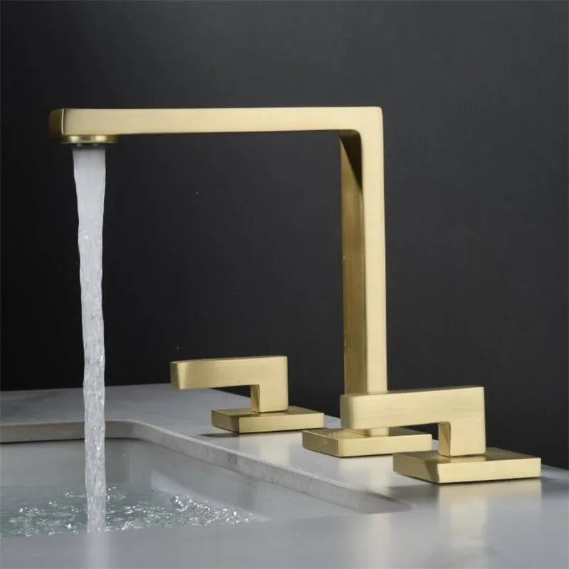 DecorBites™ Brushed Gold Basin Faucet: Brass Antique Sink Faucet, 3 Hole Waterfall Bathroom Tap