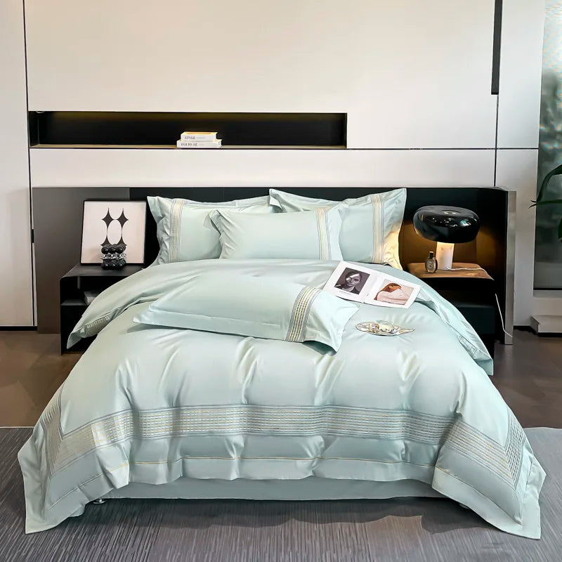 DecorBites™ 100s Egyptian Cotton Embroidery King Queen Bedding Set with Duvet Cover