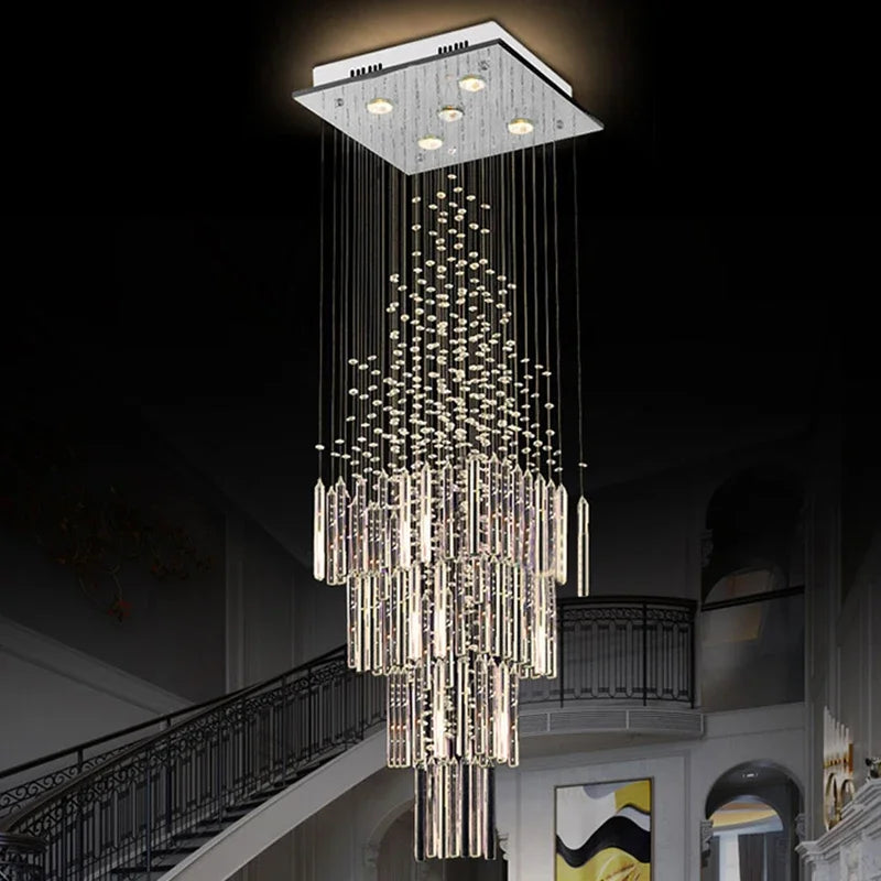 DecorBites™ Crystal Column Chandelier: Modern Square Base Hanging Lamp for Living Room, Stair Loft