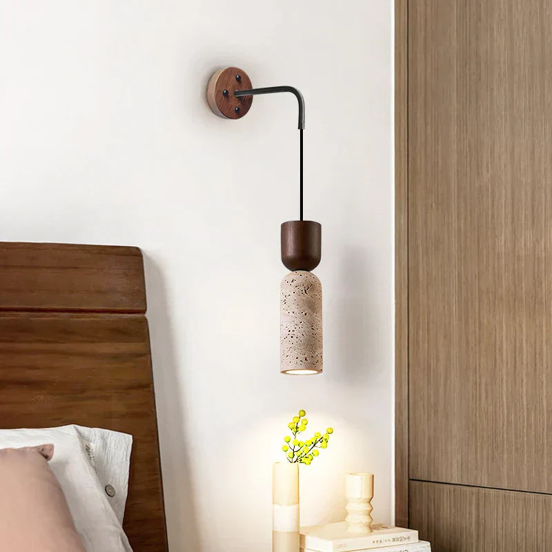 DecorBites™ LED Wall Lamp Pull Chain Switch Wood Nordic Modern Yellow Travertine Mirror Light