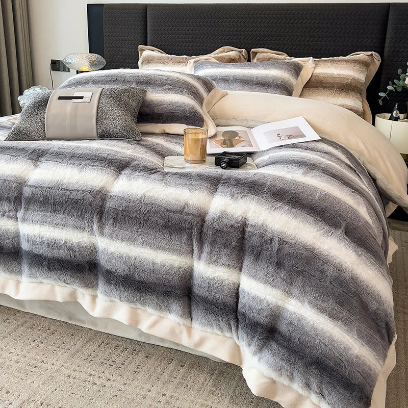 DecorBites™ Cozy Faux Fur Bedding Set: Gradient Rabbit Fur Plush Cover Sheet Pillowcases