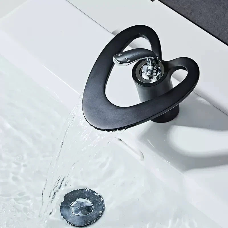 DecorBites™ Golden/White Basin Faucet: Black Brass Waterfall Sink Mixer Tap, Hot & Cold.