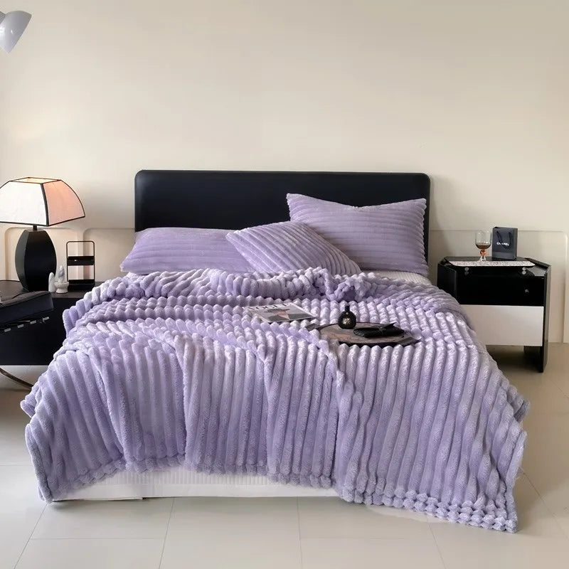 DecorBites™ Cozy Coral Fleece Striped Solid Blanket for Winter Sofa Cover Queen King Sizes