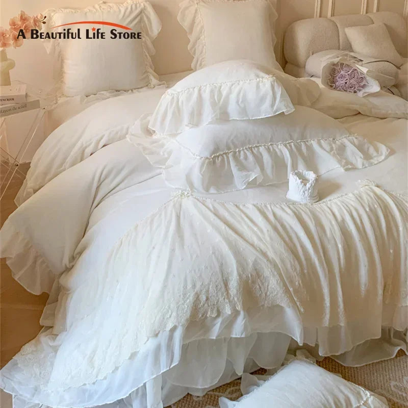 DecorBites™ French Princess Velvet Bedding Set, Queen Size with Lace Ruffles