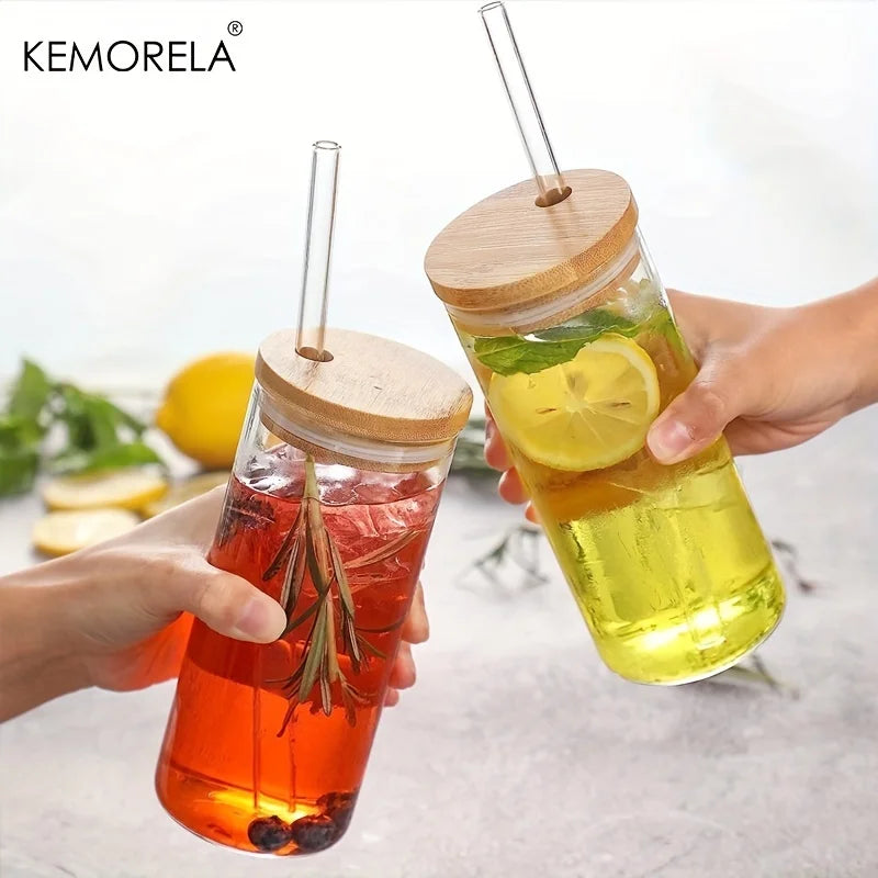DecorBites™ 4-Piece Set Clear Glass Tumbler Cups with Bamboo Lids and Straws - 600ML