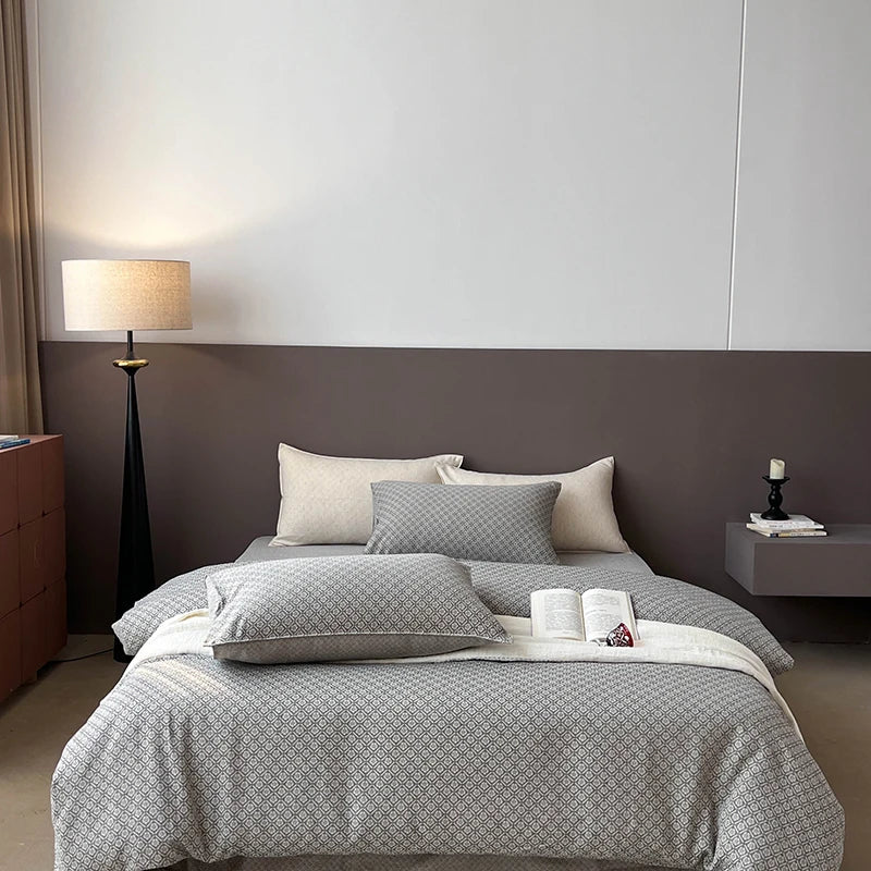 DecorBites™ Linen Cotton Jacquard Bedding Set with Duvet, Sheet, and Pillowcases