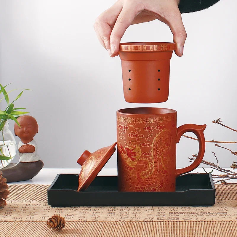 DecorBites™ Dragon Purple Clay Tea Mug with Lid Strainer, Handmade Yixing Teacup