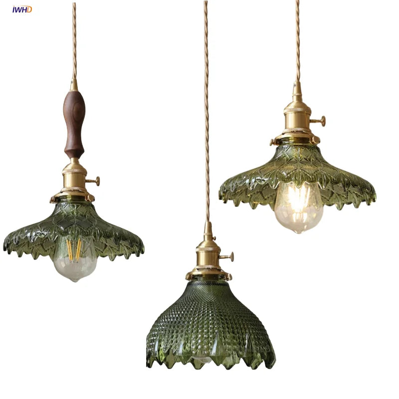 DecorBites™ مصابيح قلادة LED زجاجية خضراء مع مصباح تعليق خشبي من الجوز