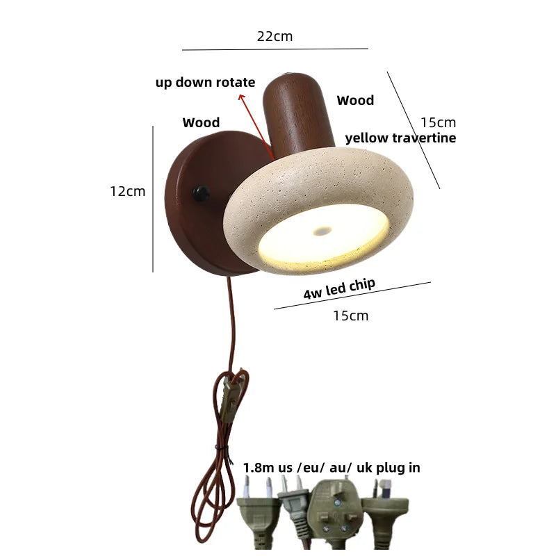DecorBites™ LED Wall Sconce Pull Chain Switch Modern Wood Yellow Travertine Stair Light