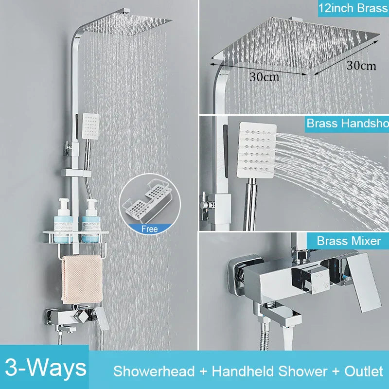 DecorBites™ Black Brass Shower Faucet Set Rainfall Bathtub Tap With Bathroom Shelf
