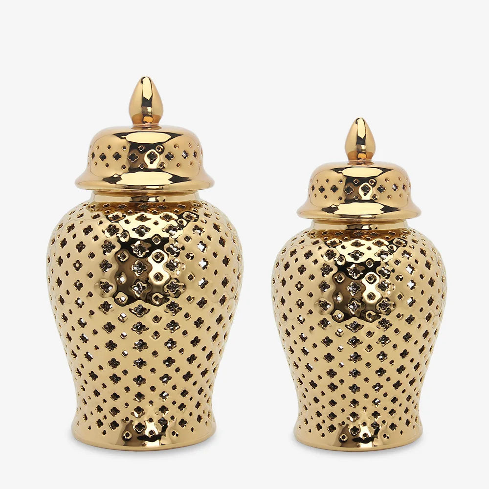 DecorBites™ Golden Ceramic Ginger Jar Home Decor Vase Pot Flower Arrangement Storage Jar