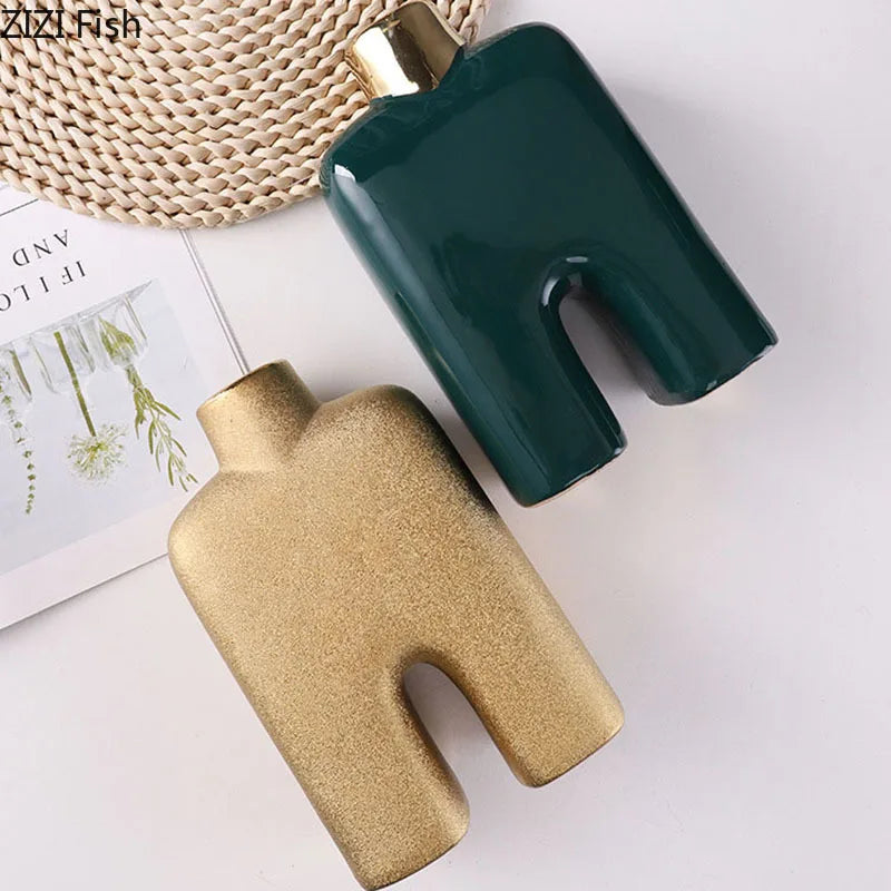 ديكور فازة سيراميك ذهبية DecorBites™ للمكتب، فازة غرف أنيقة بتصميم زهور صناعية