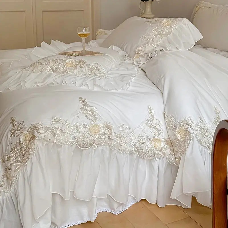 DecorBites™ French Rose Flowers Lace Wedding Bedding Set with Ruffles