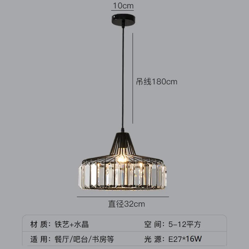 Nordic Crystal Round Pendant Light in Black Iron