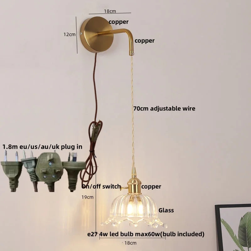 مصابيح جدارية نحاسية زجاجية DecorBites™ LED | مفتاح بسلسلة سحب | مصباح حمام قابل للتعديل