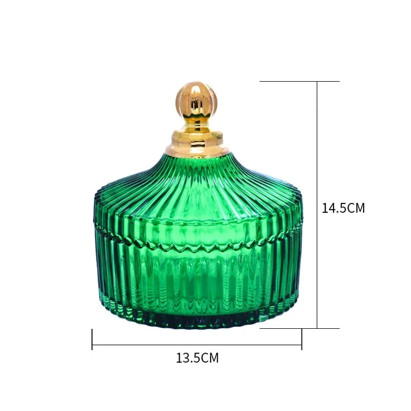 DecorBites™ Green Striped Glass Jar with Lid, Small Objects Jewelry Storage Jar