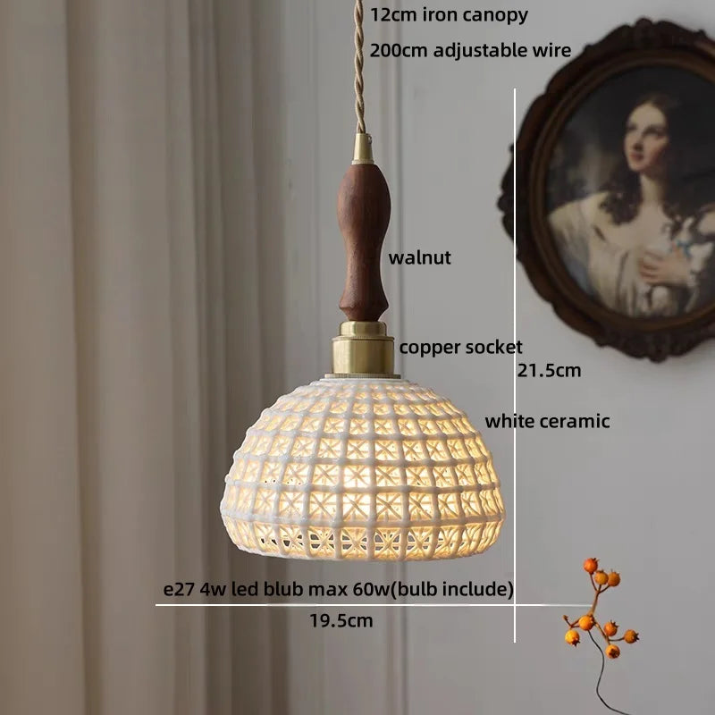 DecorBites™ Brown Wood LED Pendant Light - Nordic Modern White Ceramic Hanging Lamp