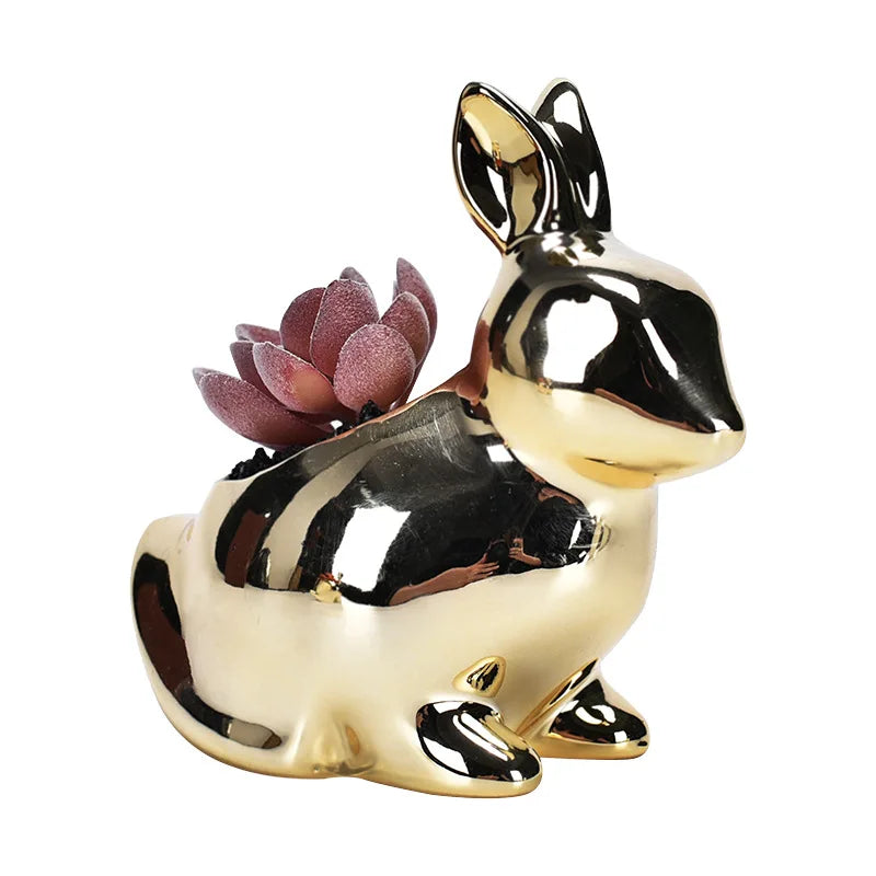 DecorBites™ Golden Rabbit Ceramic Flower Pot | Cartoon Succulent Planting Vase
