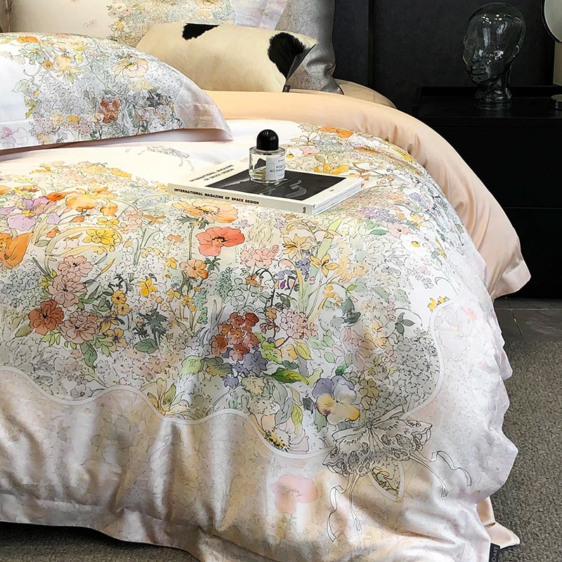 DecorBites™ Flowers Plant Print Bedding Set: Luxe Lyocell Cotton Soft Silky Cool Duvet Cover Set