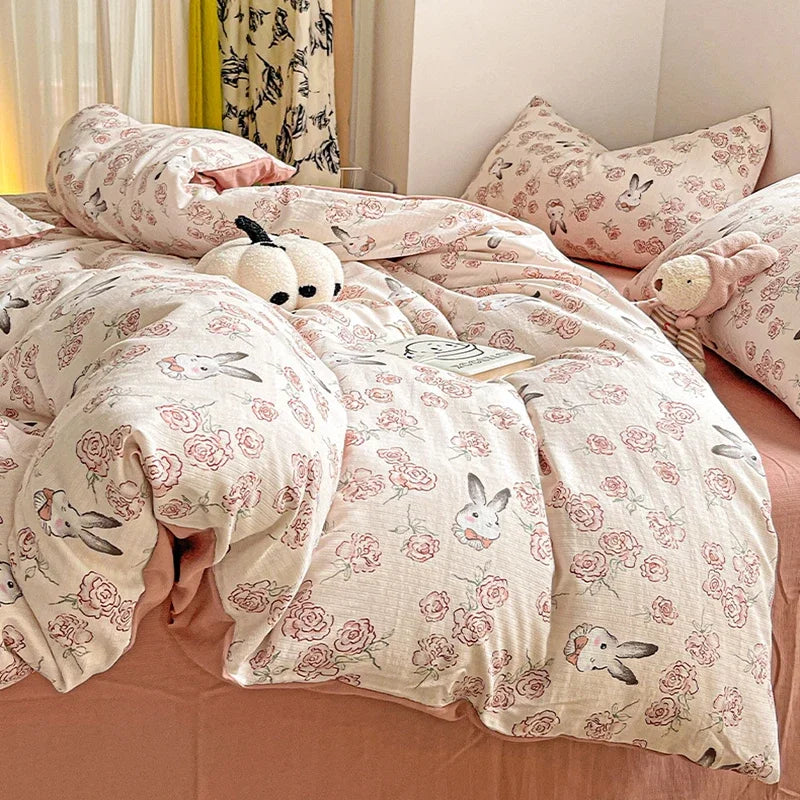 DecorBites™ Cotton Flower Printed Comforter Set: Breathable Double-Layer Yarn, Soft Bedding for Girls