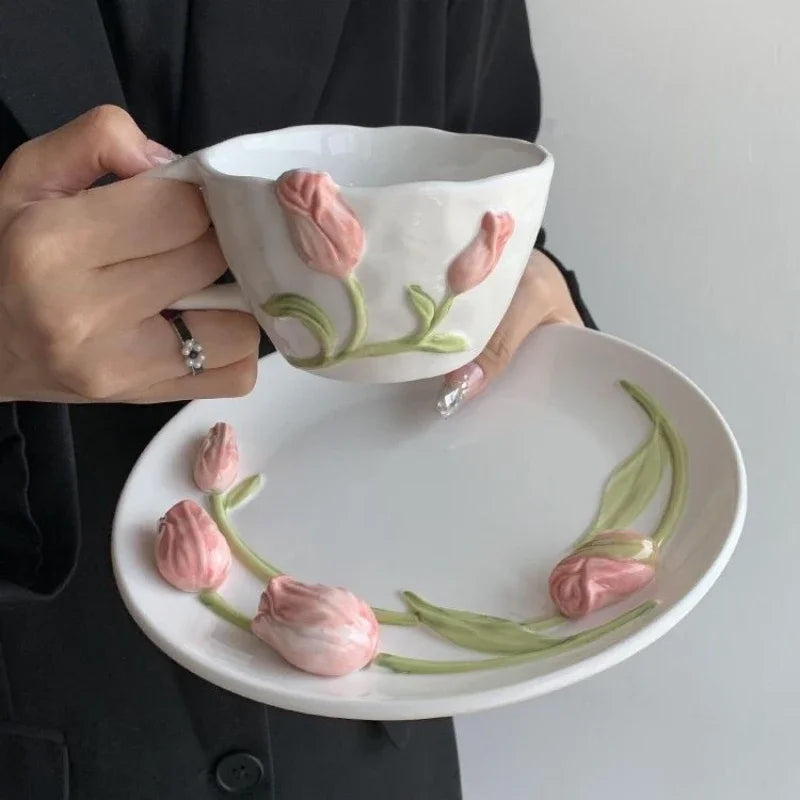 DecorBites™ 3D Embossed Tulip Ceramic Coffee Mug - Handcrafted Irregular Flower Cup