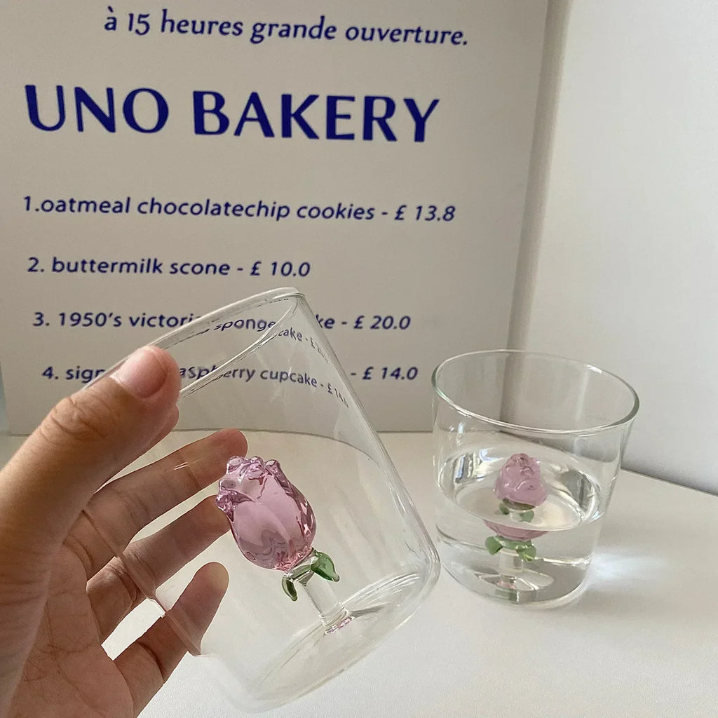 DecorBites™ 3D Rose Champagne Flute Glass: Unique Custom Wine Goblet Cup with Rose Inside