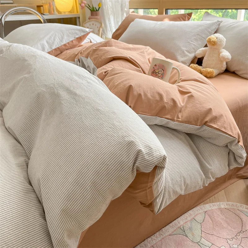 DecorBites™ Cotton Striped Bedding Set Yarn Dyed Washed Duvet Cover Single Bedclothes