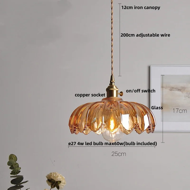 DecorBites™ Amber Flower Glass Pendant Lamp, Modern Nordic LED Hanging Light for Kitchen Living Room