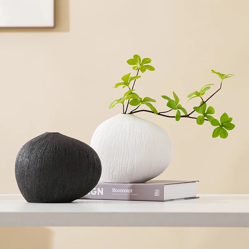 DecorBites™ Geometric Stripes Ceramic Vase with Pebbles, Flower Arrangement Accessory