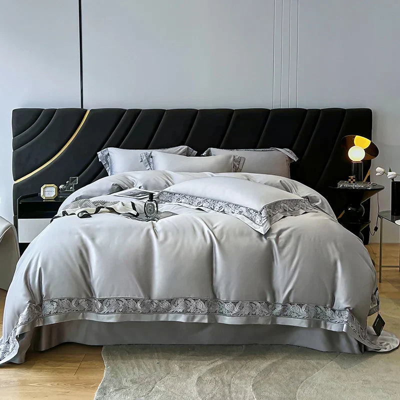 طقم شراشف سرير DecorBites™ Luxe 1500TC من القطن المصري الفاخر بحواف دانتيل عريضة: غطاء لحاف، شرشف سرير، أغطية وسائد