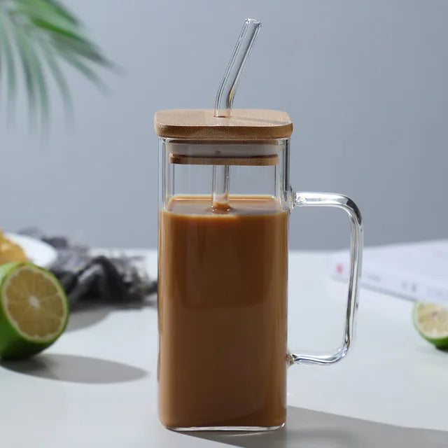 DecorBites™ 400ml Square Glass Mug with Lid and Straw | Versatile Party Beverage Cup