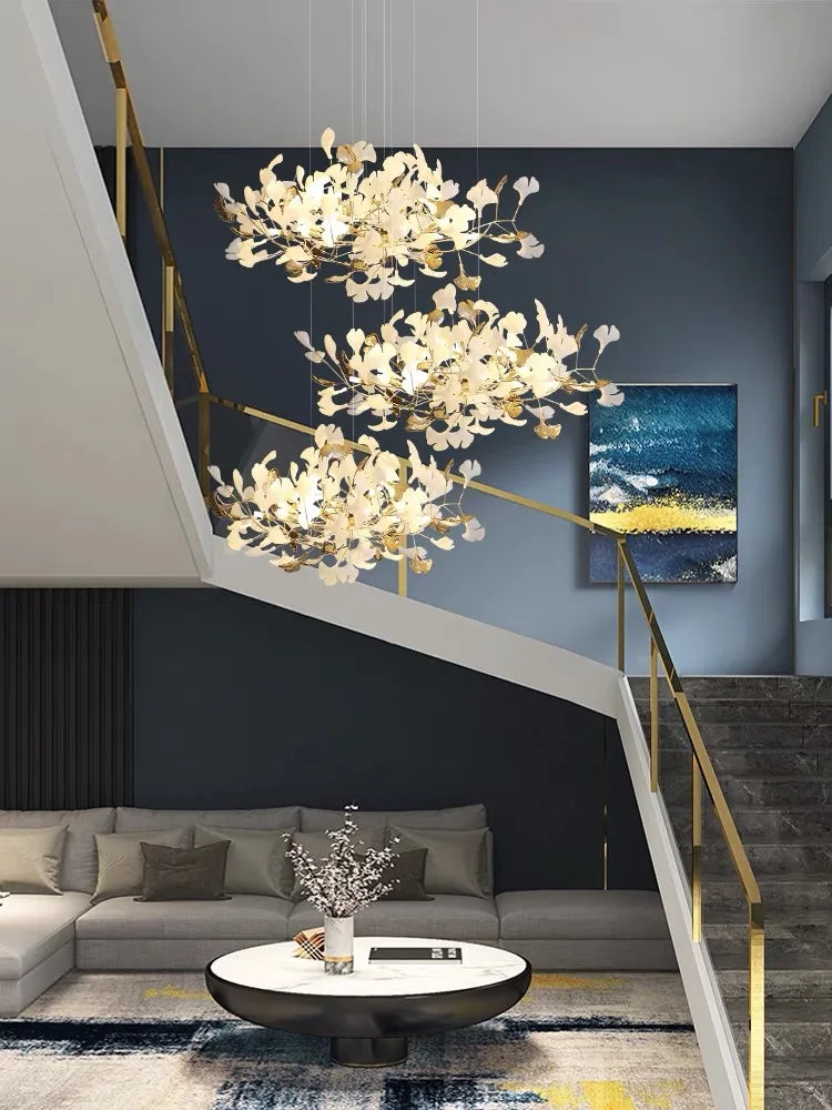 ثريات أغصان ذهبية من DecorBites™ مع إضاءة متدلية بأوراق خزفية - ديكور فاخر لغرفة المعيشة