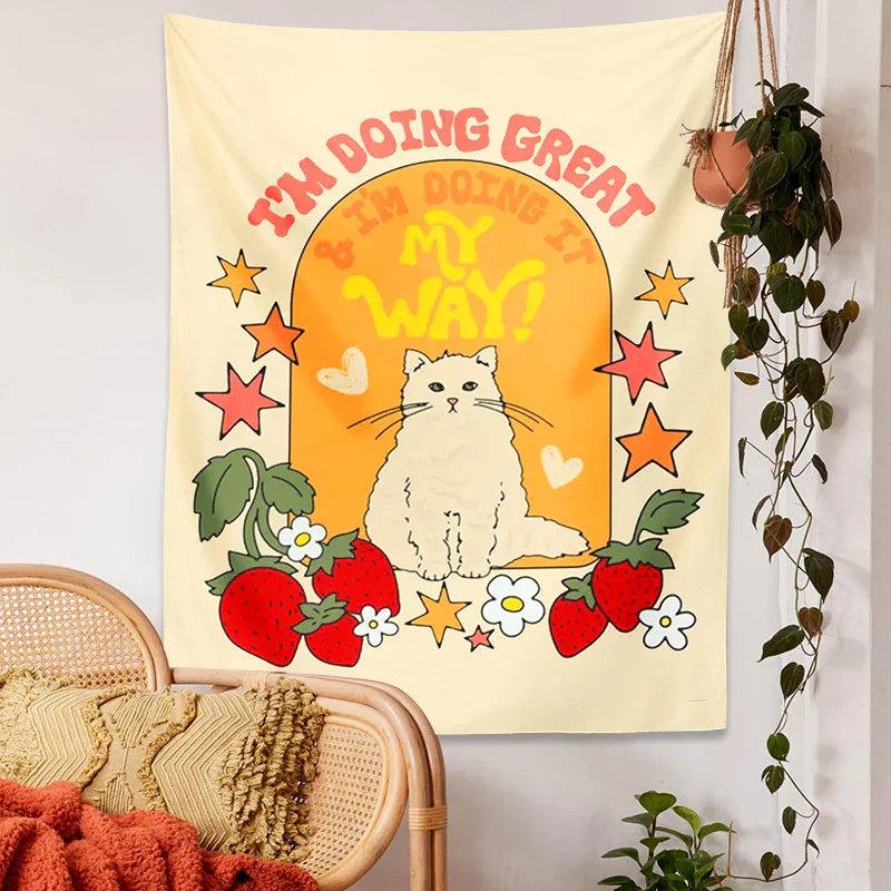 DecorBites™ Cute Cat Star Strawberry Tapestry Wall Hanging for Boho Home Decor
